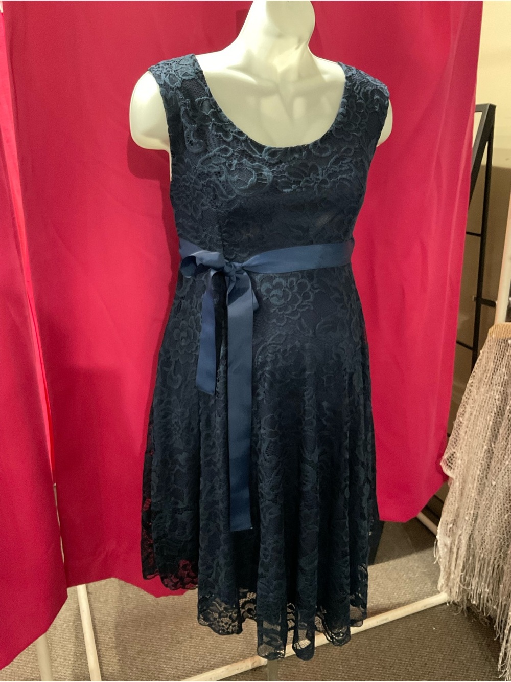 Hello MIZ Maternity Navy Lace Midi Dress with Satin Waist Tie